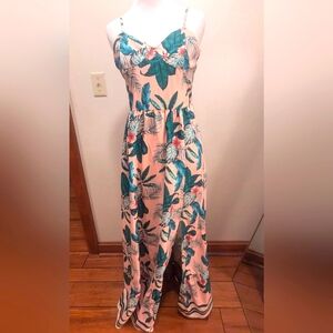 Floral Pink Maxi Dress With Side Slit & Adjustable Straps Size 13
